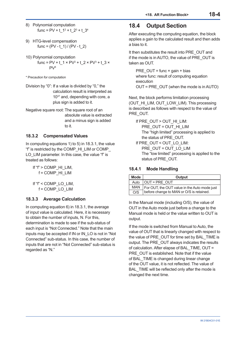 2 compensated values, 3 average calculation, 4 output section | 1 mode handling, Compensated values -4, Average calculation -4, Output section -4 18.4.1, Mode handling -4 | Yokogawa YVP110 User Manual | Page 103 / 161