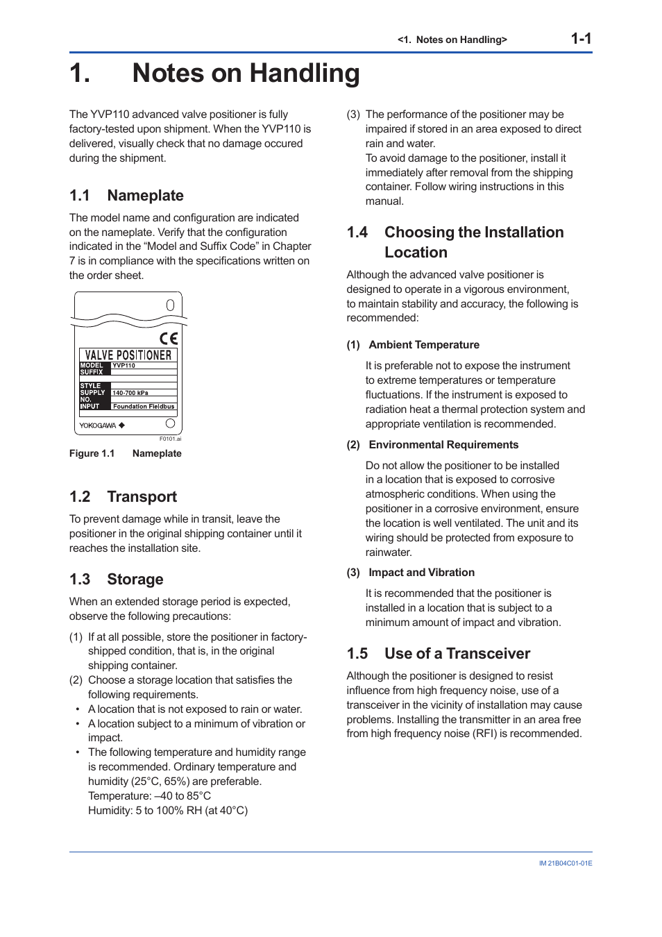 Notes on handling, 1 nameplate, 2 transport | 3 storage, 4 choosing the installation location, 5 use of a transceiver, Notes on handling -1, Nameplate -1, Transport -1, Storage -1 | Yokogawa YVP110 User Manual | Page 12 / 161