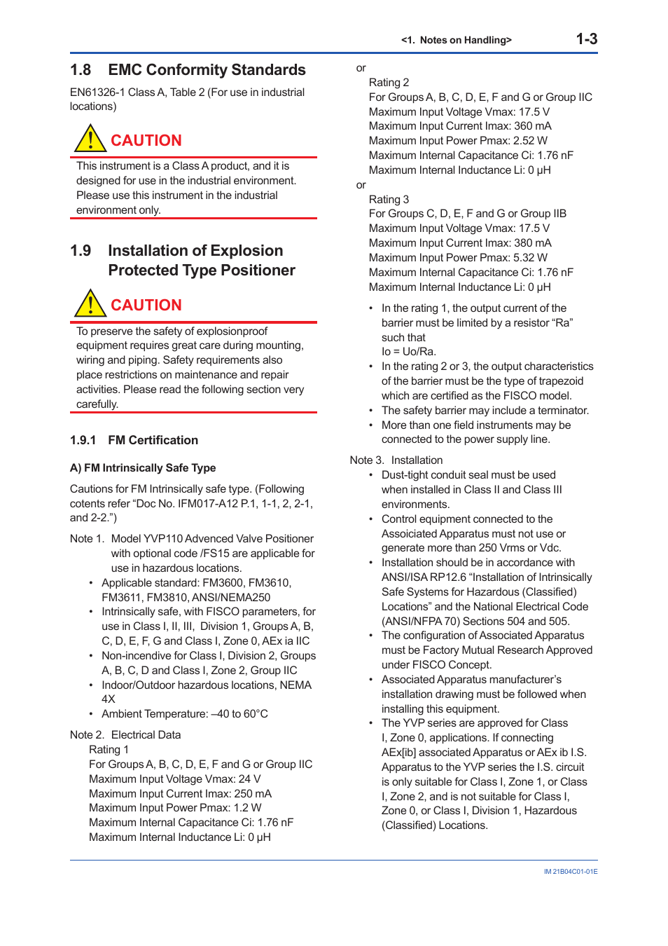 8 emc conformity standards, 1 fm certification, Emc conformity standards -3 | Fm certification -3, Caution | Yokogawa YVP110 User Manual | Page 14 / 161