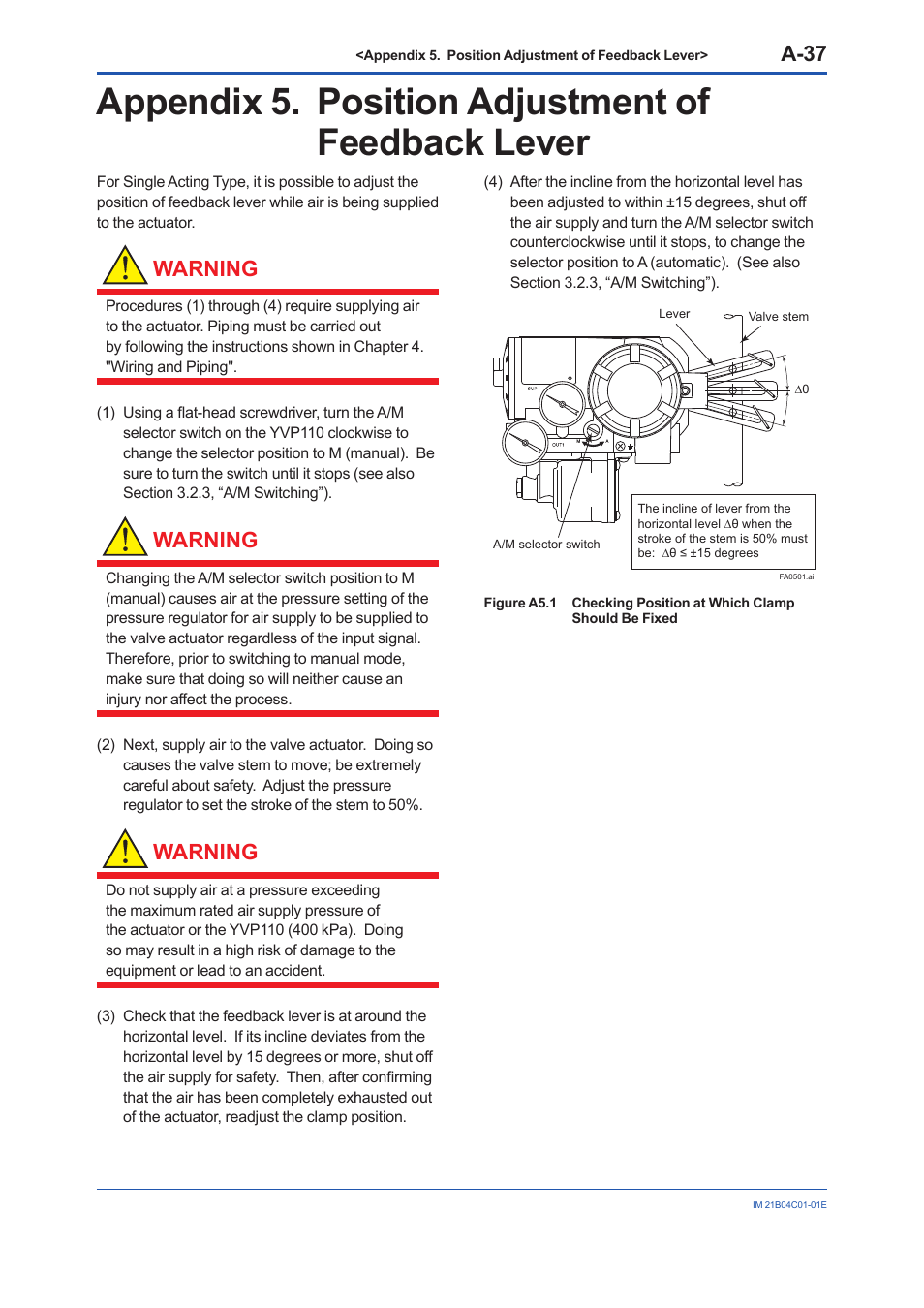 Appendix 5. position adjustment of feedback lever, A-37, Warning | Yokogawa YVP110 User Manual | Page 148 / 161