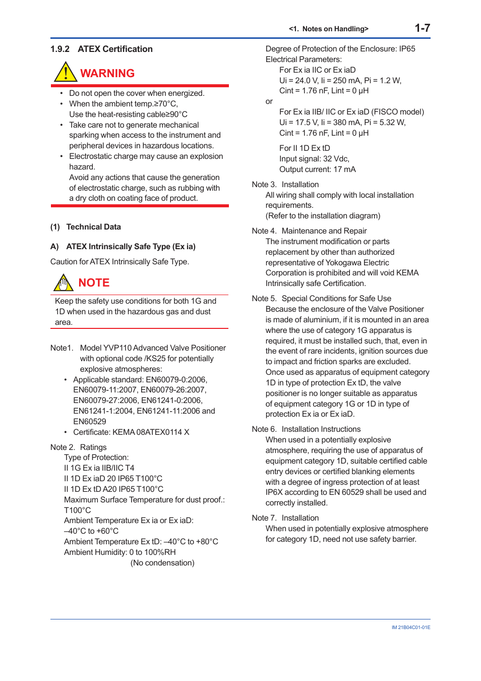 2 atex certification, Atex certification -7, Warning | Yokogawa YVP110 User Manual | Page 18 / 161