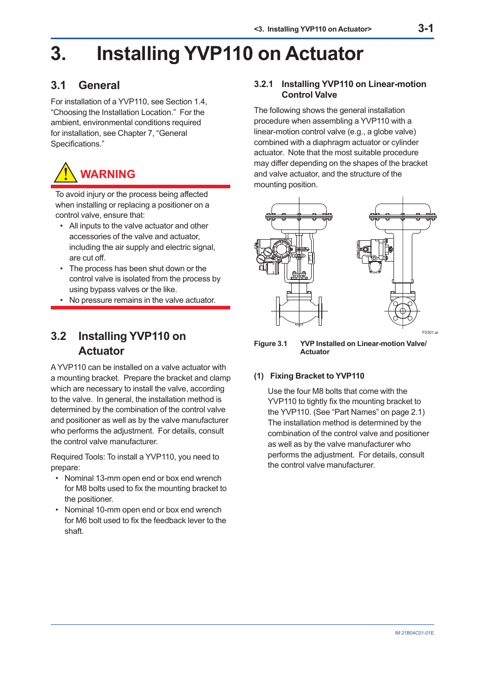 Installing yvp110 on actuator, 1 general, 2 installing yvp110 on actuator | 1 installing yvp110 on linear-motion control valve, Installing yvp110 on actuator -1, General -1, Installing yvp110 on actuator -1 3.2.1, Warning | Yokogawa YVP110 User Manual | Page 25 / 161