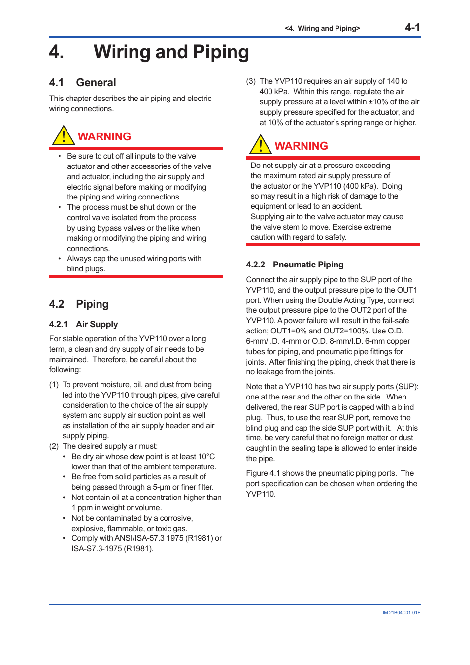 Wiring and piping, 1 general, 2 piping | 1 air supply, 2 pneumatic piping, Wiring and piping -1, General -1, Piping -1 4.2.1, Air supply -1, Pneumatic piping -1 | Yokogawa YVP110 User Manual | Page 30 / 161