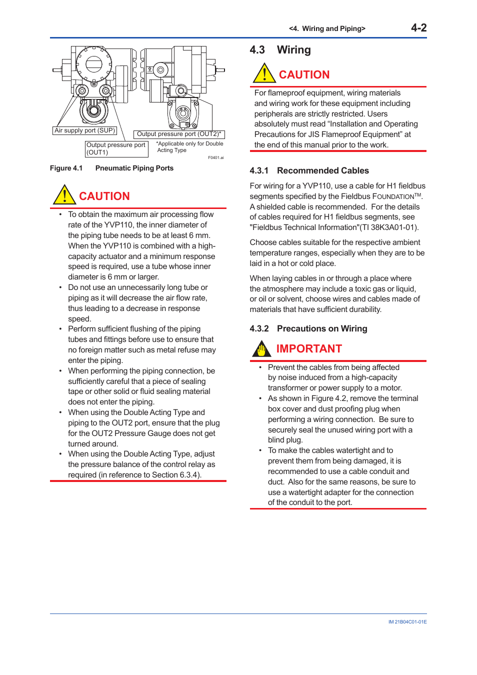 3 wiring, 1 recommended cables, 2 precautions on wiring | Wiring -2 4.3.1, Recommended cables -2, Precautions on wiring -2, Caution, 3 wiring caution, Important | Yokogawa YVP110 User Manual | Page 31 / 161