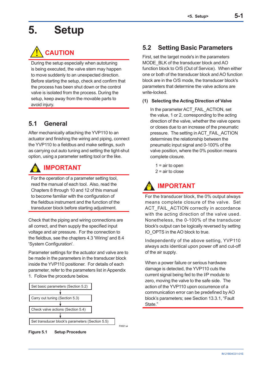 Setup, 1 general, 2 setting basic parameters | Setup -1, General -1, Setting basic parameters -1, Caution, Important | Yokogawa YVP110 User Manual | Page 34 / 161