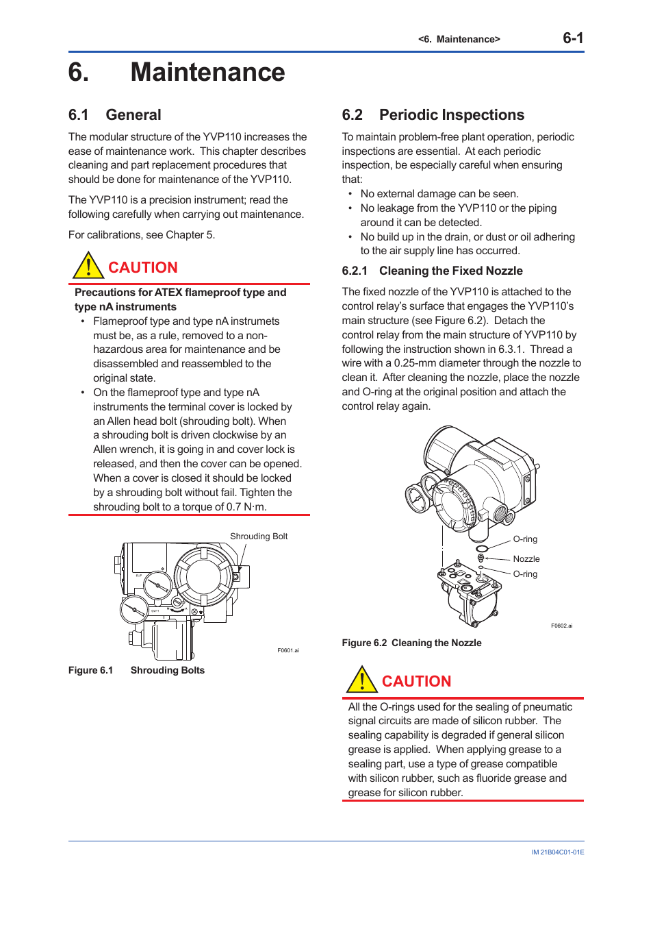 Maintenance, 1 general, 2 periodic inspections | 1 cleaning the fixed nozzle, Maintenance -1, General -1, Periodic inspections -1 6.2.1, Cleaning the fixed nozzle -1, Caution | Yokogawa YVP110 User Manual | Page 39 / 161