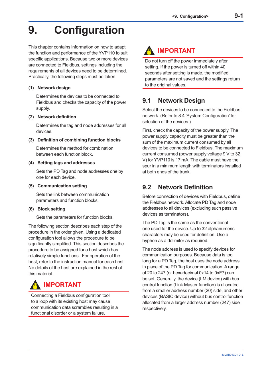 Configuration, 1 network design, 2 network definition | Configuration -1, Network design -1, Network definition -1, Important | Yokogawa YVP110 User Manual | Page 51 / 161