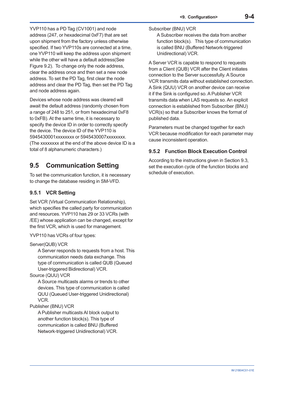 5 communication setting, 1 vcr setting, 2 function block execution control | Communication setting -4 9.5.1, Vcr setting -4, Function block execution control -4 | Yokogawa YVP110 User Manual | Page 54 / 161