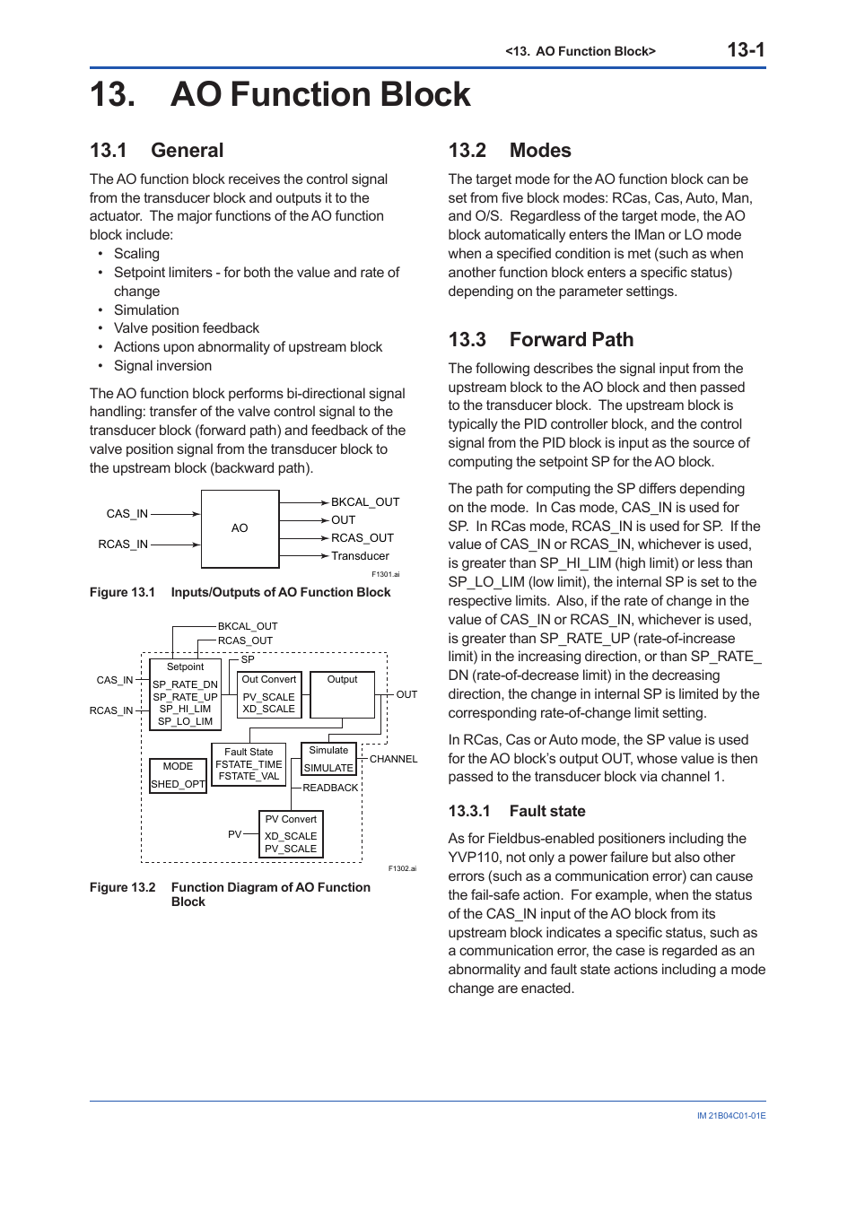 Ao function block, 1 general, 2 modes | 3 forward path, 1 fault state, Ao function block -1, General -1, Modes -1, Forward path -1 13.3.1, Fault state -1 | Yokogawa YVP110 User Manual | Page 75 / 161
