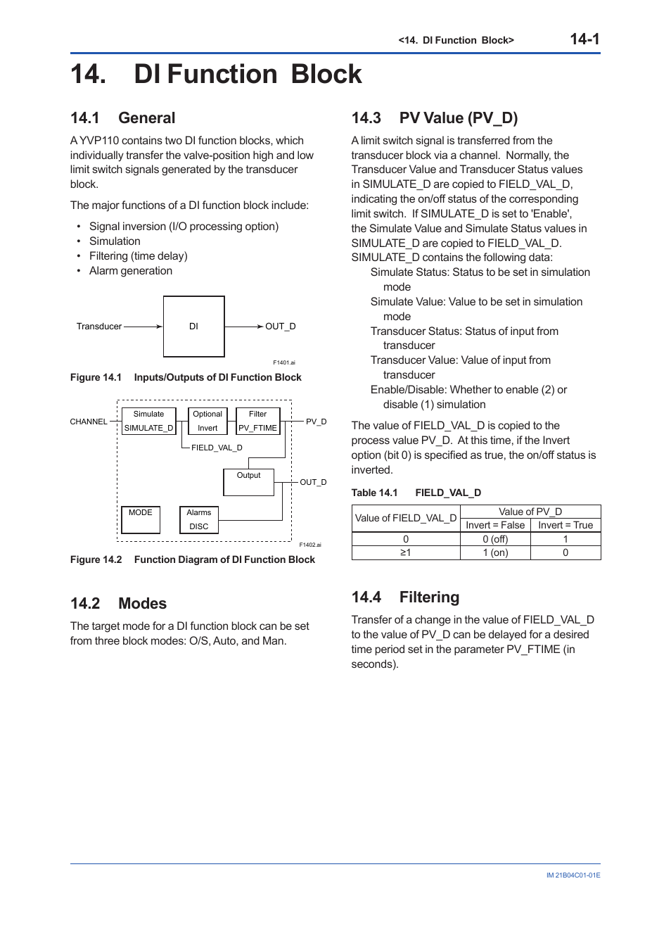 Di function block, 1 general, 2 modes | 3 pv value (pv_d), 4 filtering, Di function block -1, General -1, Modes -1, Pv value (pv_d) -1, Filtering -1 | Yokogawa YVP110 User Manual | Page 78 / 161