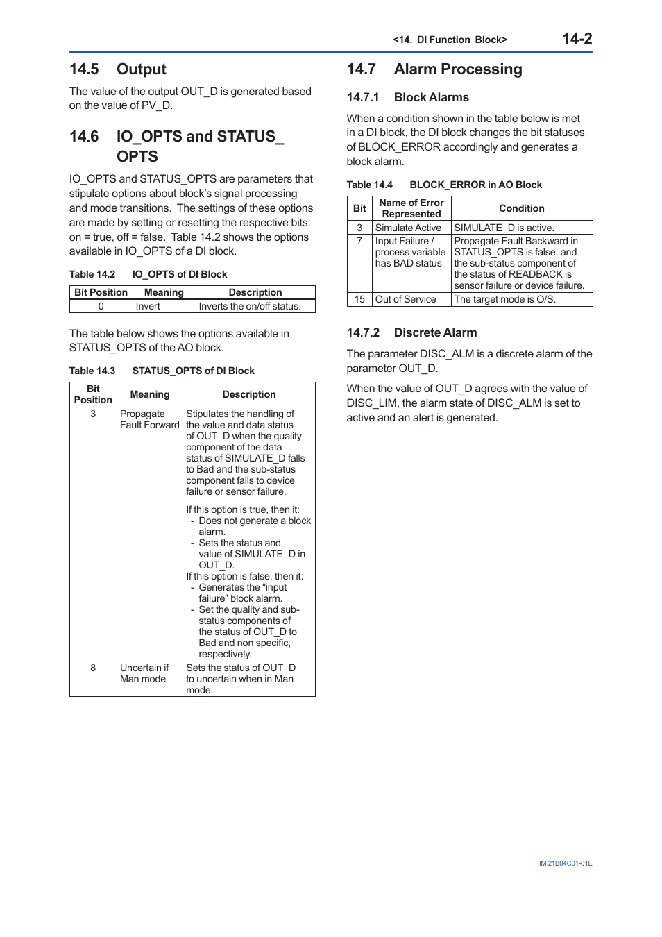 5 output, 6 io_opts and status_opts, 7 alarm processing | 1 block alarms, 2 discrete alarm, Output -2, Io_opts and status_opts -2, Alarm processing -2 14.7.1, Block alarms -2, Discrete alarm -2 | Yokogawa YVP110 User Manual | Page 79 / 161