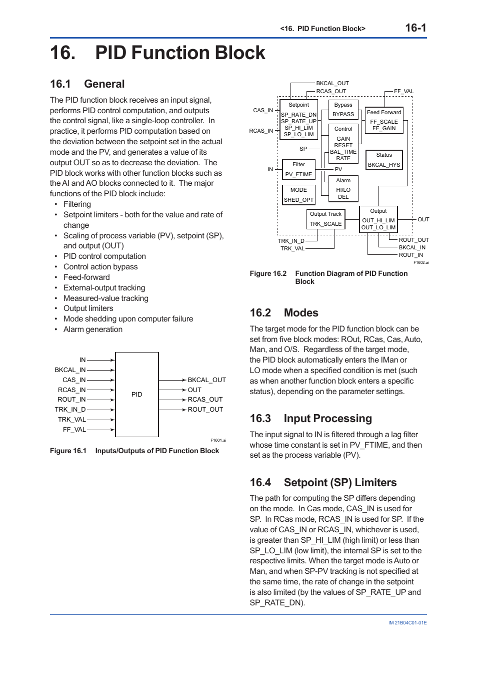 Pid function block, 1 general, 2 modes | 3 input processing, 4 setpoint (sp) limiters, Pid function block -1, General -1, Modes -1, Input processing -1, Setpoint (sp) limiters -1 | Yokogawa YVP110 User Manual | Page 82 / 161