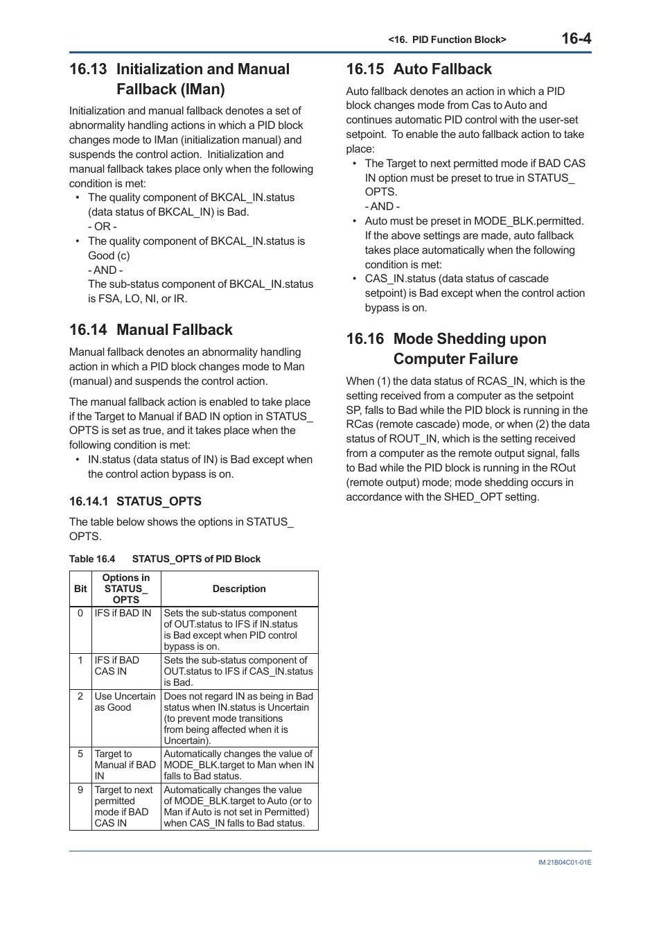 13 initialization and manual fallback (iman), 14 manual fallback, 1 status_opts | 15 auto fallback, 16 mode shedding upon computer failure, 1 status_opts -4 | Yokogawa YVP110 User Manual | Page 85 / 161