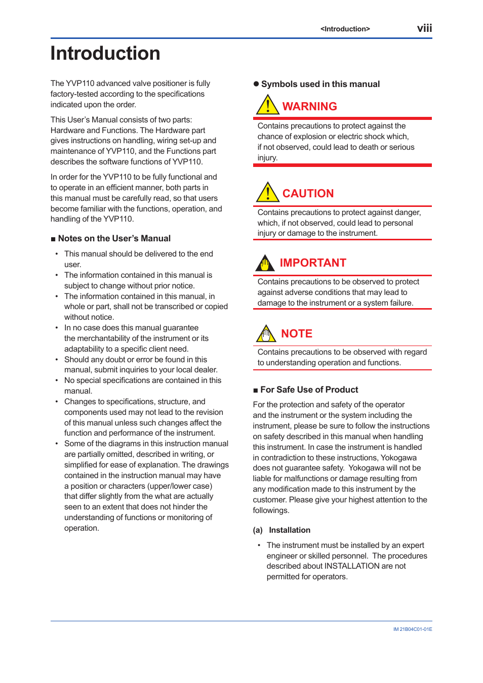 Introduction, Notes on the user’s manual, For safe use of product | Viii, Warning, Caution, Important | Yokogawa YVP110 User Manual | Page 9 / 161