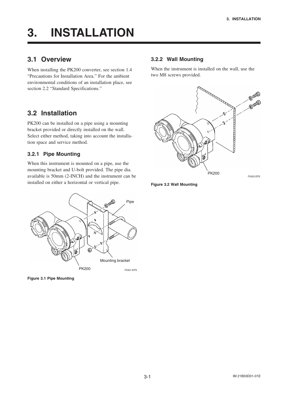 Installation, 1 overview, 2 installation | 1 pipe mounting, 2 wall mounting, Installation -1, Overview -1, Pipe mounting -1, Wall mounting -1 | Yokogawa PK200 User Manual | Page 14 / 42