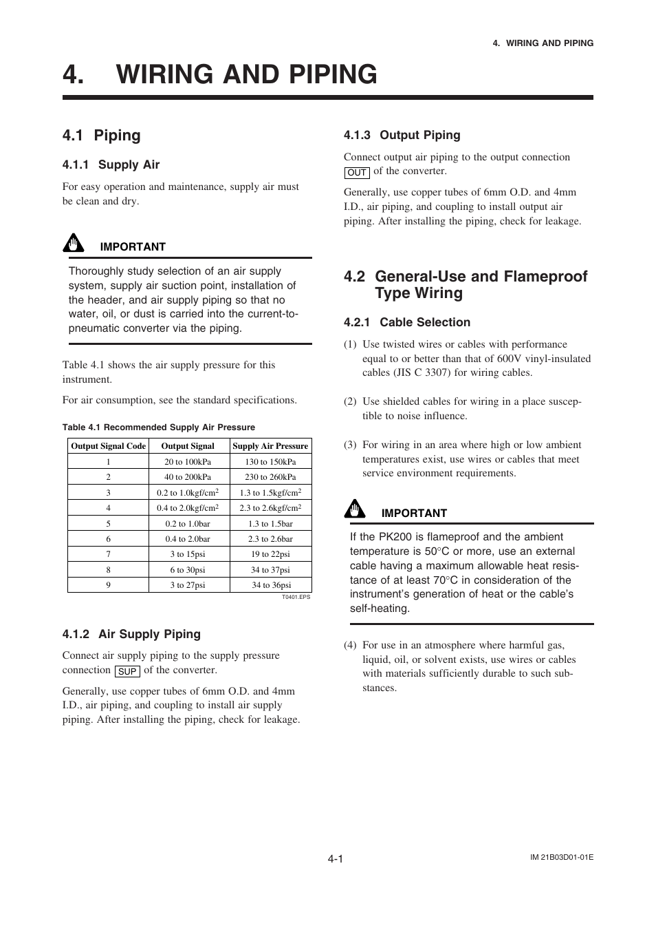 Wiring and piping, 1 piping, 1 supply air | 2 air supply piping, 3 output piping, 2 general-use and flameproof type wiring, 1 cable selection, Wiring and piping -1, Piping -1, Supply air -1 | Yokogawa PK200 User Manual | Page 15 / 42