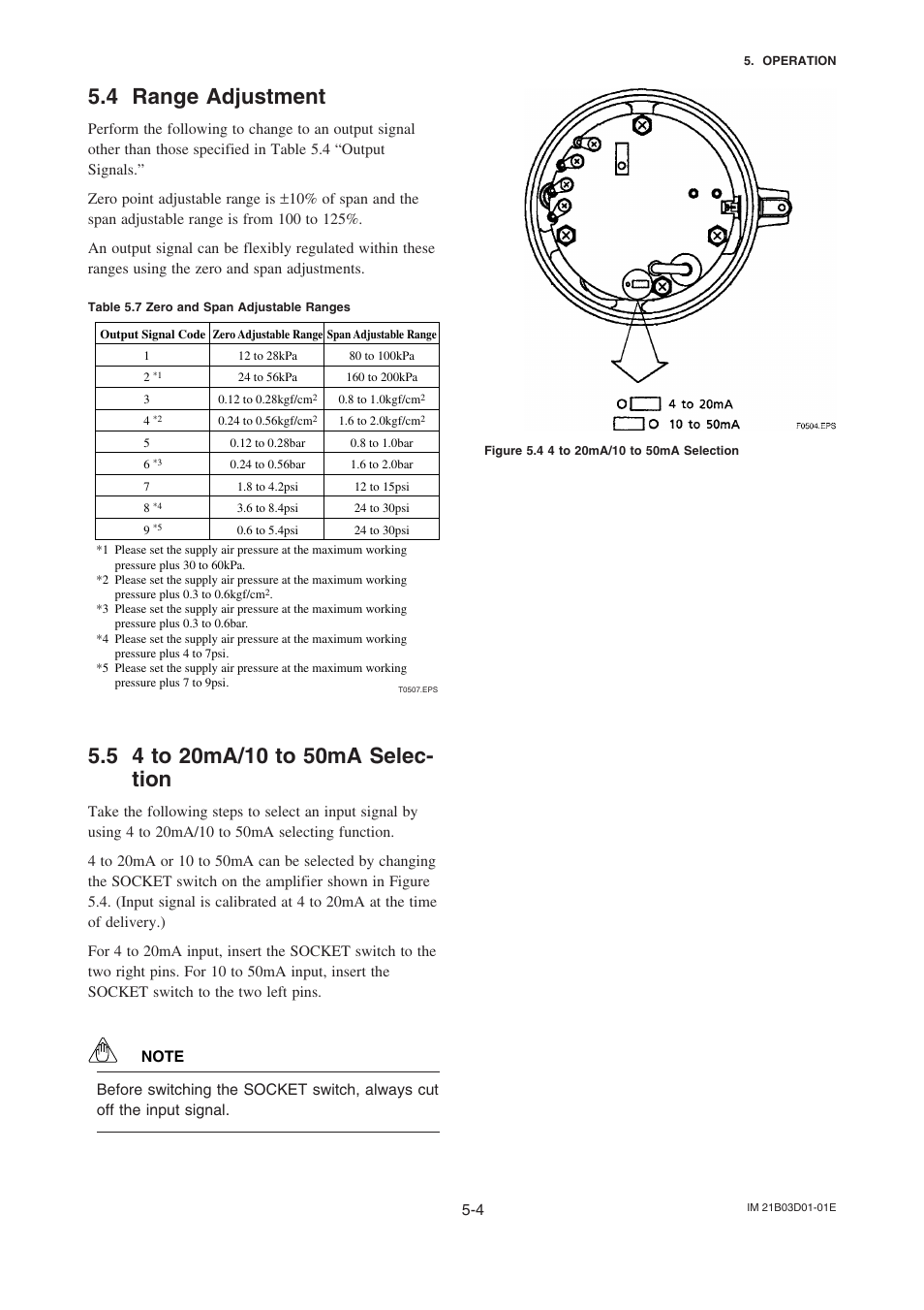 4 range adjustment, 5 4 to 20ma/10 to 50ma selection, Range adjustment -4 | 4 to 20ma/10 to 50ma selection -4 | Yokogawa PK200 User Manual | Page 22 / 42