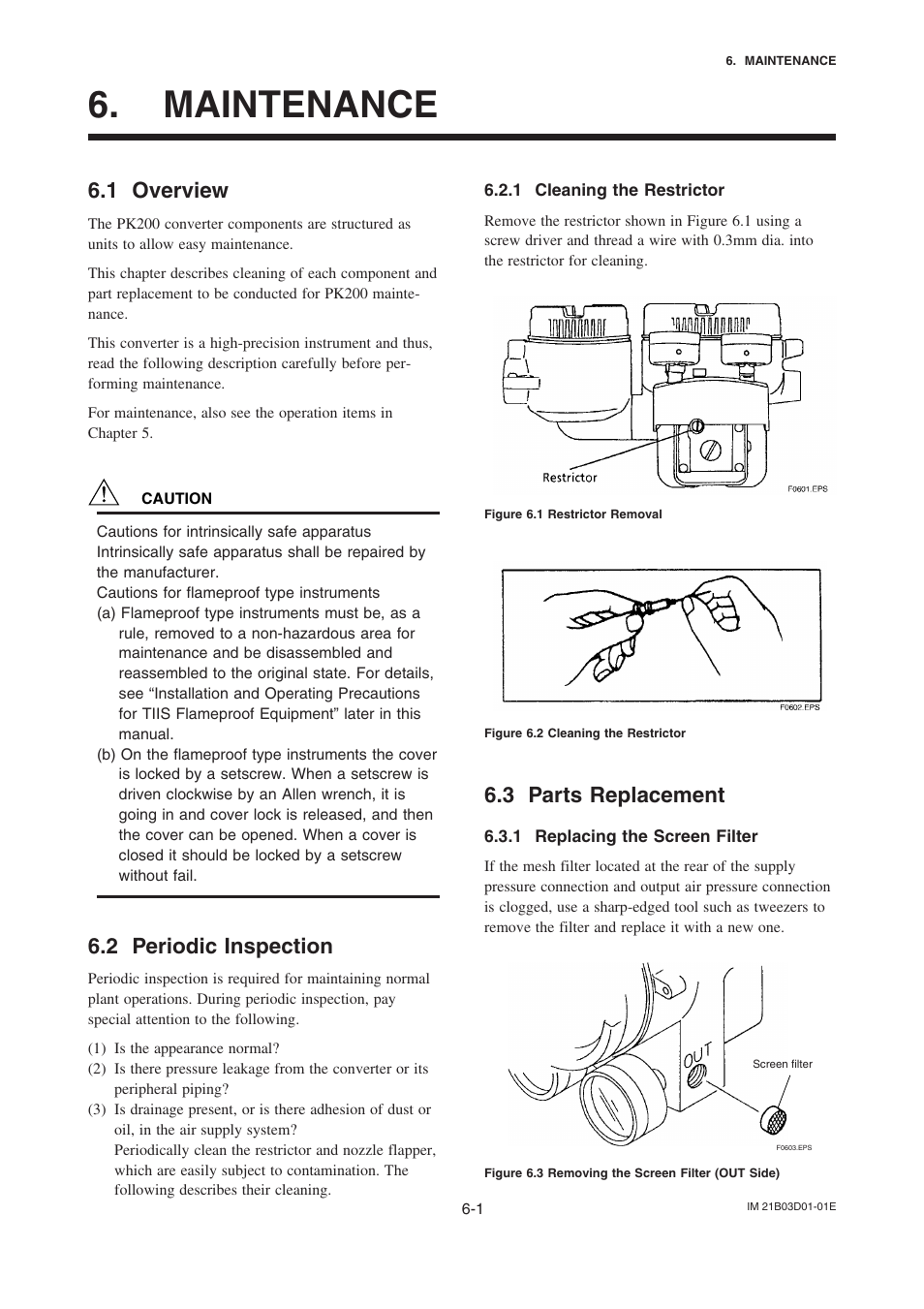 Maintenance, 1 overview, 2 periodic inspection | 1 cleaning the restrictor, 3 parts replacement, 1 replacing the screen filter, Maintenance -1, Overview -1, Periodic inspection -1, Cleaning the restrictor -1 | Yokogawa PK200 User Manual | Page 23 / 42
