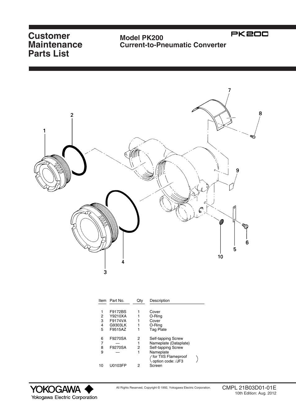 Customer maintenance parts list, Model pk200 current-to-pneumatic converter | Yokogawa PK200 User Manual | Page 37 / 42