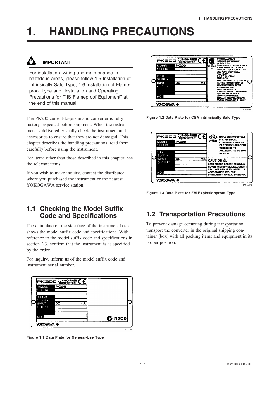 Handling precautions, 2 transportation precautions, Handling precautions -1 | Transportation precautions -1 | Yokogawa PK200 User Manual | Page 6 / 42