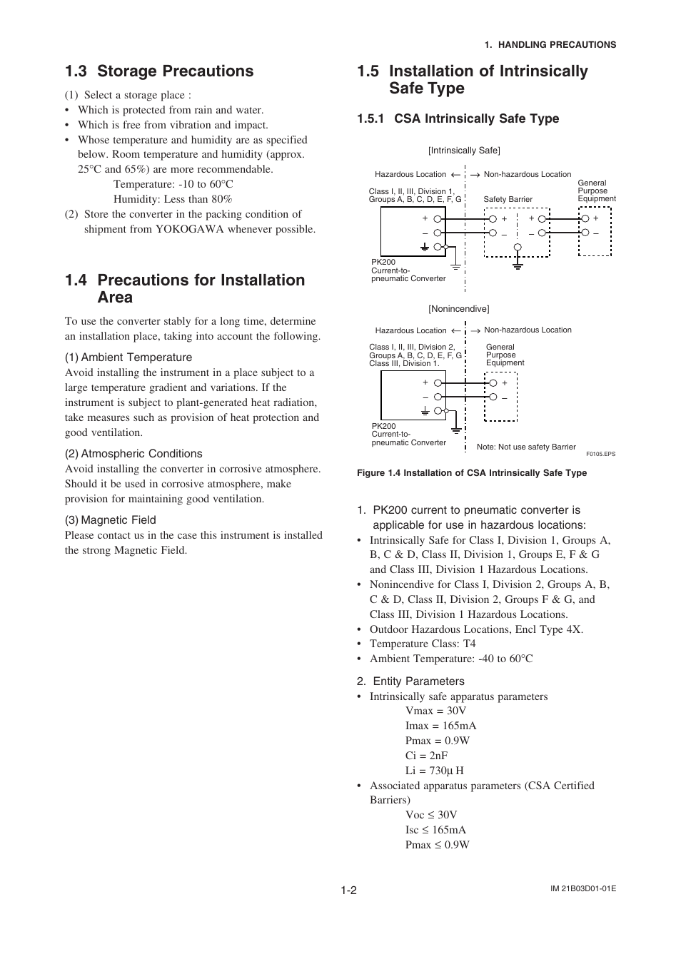 3 storage precautions, 4 precautions for installation area, 5 installation of intrinsically safe type | 1 csa intrinsically safe type, Storage precautions -2, Precautions for installation area -2, Installation of intrinsically safe type -2, Csa intrinsically safe type -2 | Yokogawa PK200 User Manual | Page 7 / 42