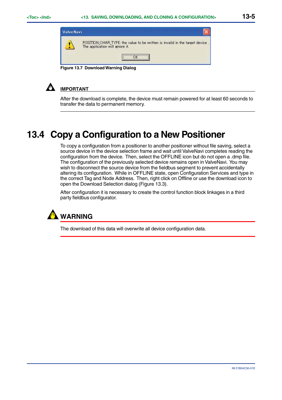 4 copy a configuration to a new positioner, Copy a configuration to a new positioner -5, Warning | Yokogawa YVP20S User Manual | Page 126 / 177