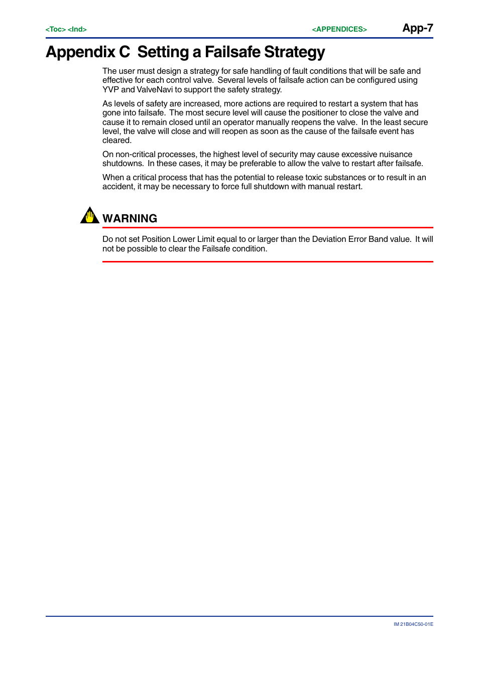 Appendix c setting a failsafe strategy, App-7, Warning | Yokogawa YVP20S User Manual | Page 176 / 177