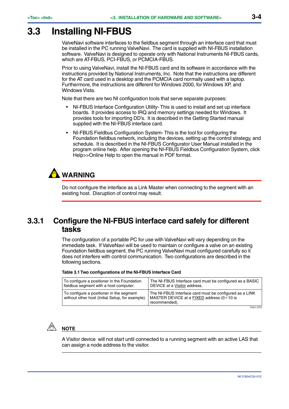 3 installing ni-fbus, Installing ni-fbus -4, Warning | Yokogawa YVP20S User Manual | Page 18 / 177