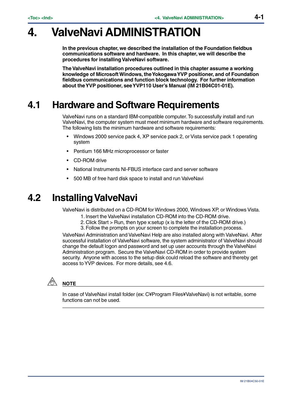 Valvenavi administration, 1 hardware and software requirements, 2 installing valvenavi | Valvenavi administration -1, Hardware and software requirements -1, Installing valvenavi -1 | Yokogawa YVP20S User Manual | Page 22 / 177