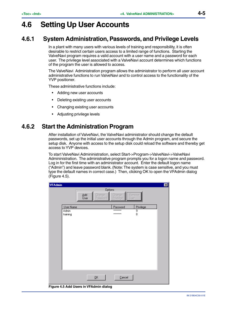 6 setting up user accounts, 2 start the administration program, Setting up user accounts -5 | Start the administration program -5 | Yokogawa YVP20S User Manual | Page 26 / 177