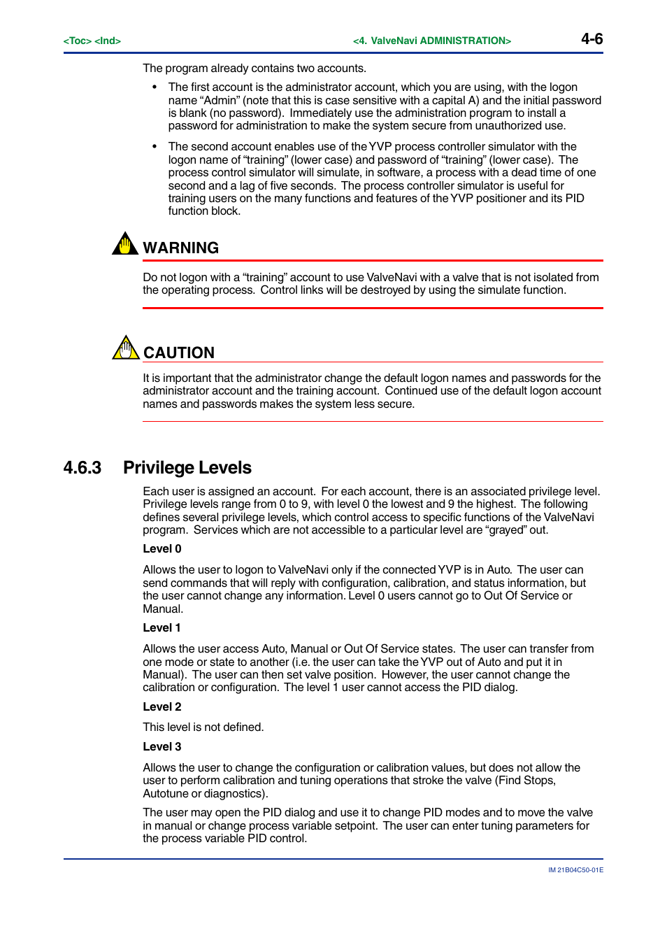 3 privilege levels, Privilege levels -6, Warning | Caution | Yokogawa YVP20S User Manual | Page 27 / 177