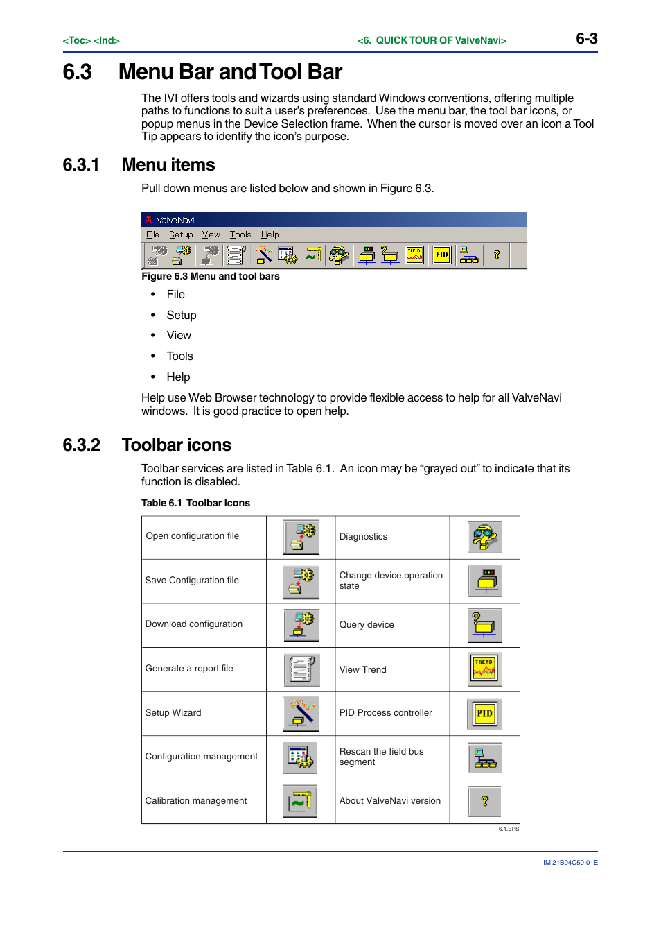 3 menu bar and tool bar, 1 menu items, 2 toolbar icons | Menu bar and tool bar -3, Menu items -3, Toolbar icons -3 | Yokogawa YVP20S User Manual | Page 44 / 177