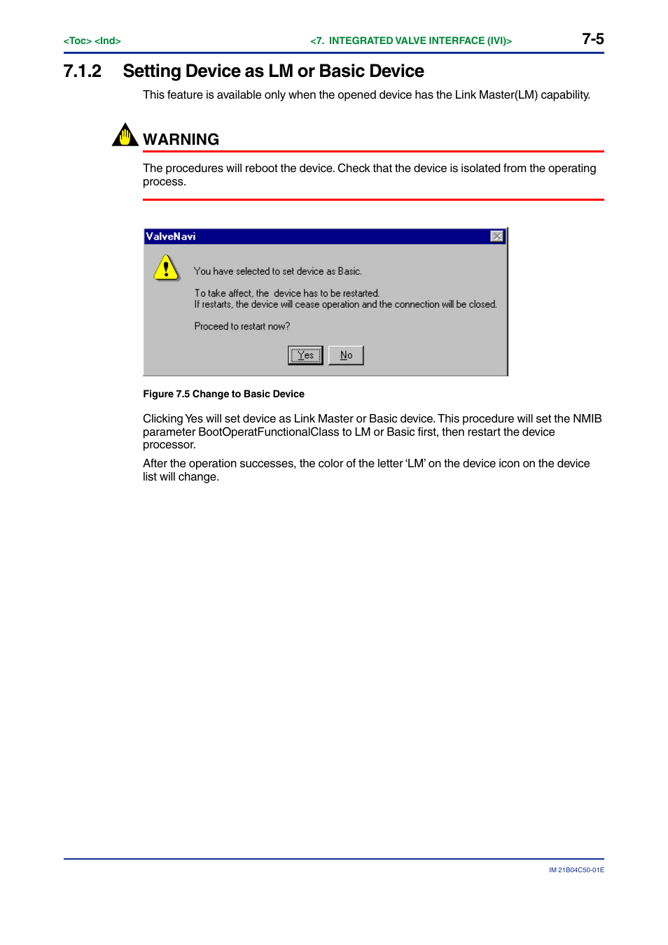 2 setting device as lm or basic device, Setting device as lm or basic device -5, Warning | Yokogawa YVP20S User Manual | Page 66 / 177