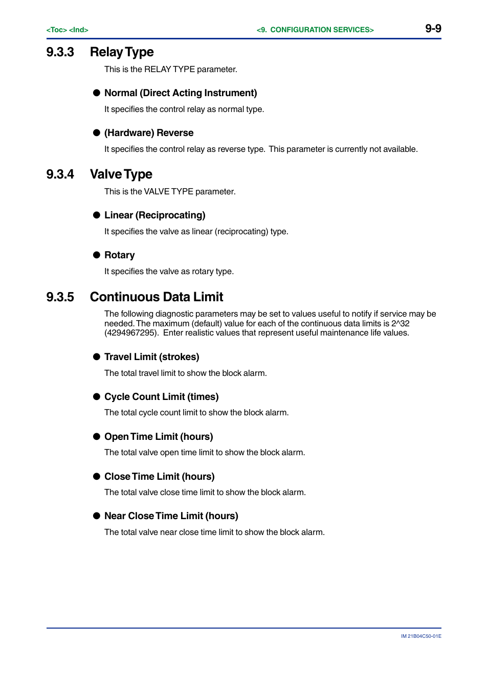 3 relay type, 4 valve type, 5 continuous data limit | Relay type -9, Valve type -9, Continuous data limit -9 | Yokogawa YVP20S User Manual | Page 86 / 177