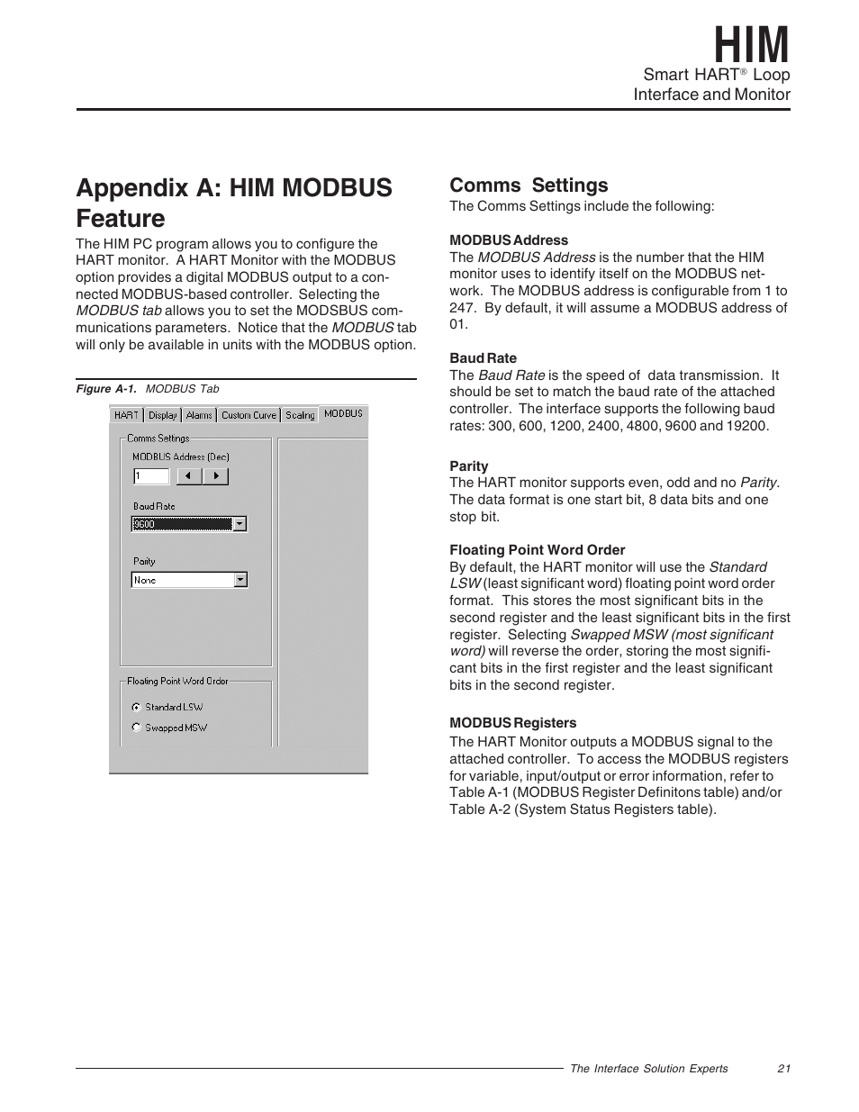 Appendix a: him modbus feature, Comms settings | Yokogawa HIMHART User Manual | Page 21 / 27