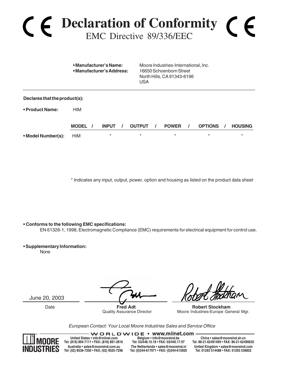 Ce certificate, Declaration of conformity | Yokogawa HIMHART User Manual | Page 26 / 27