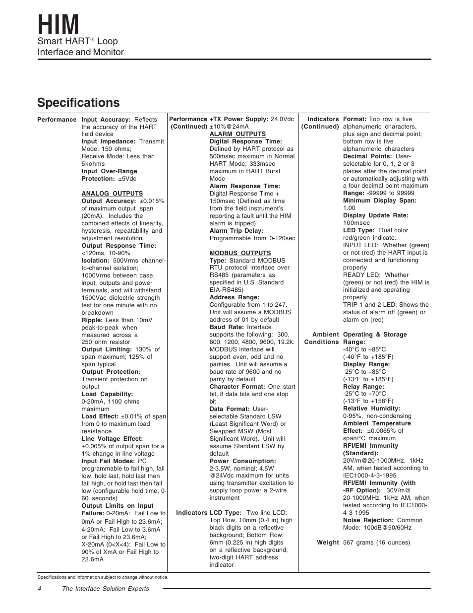 Specifications, Smart hart, Loop interface and monitor | Yokogawa HIMHART User Manual | Page 4 / 27