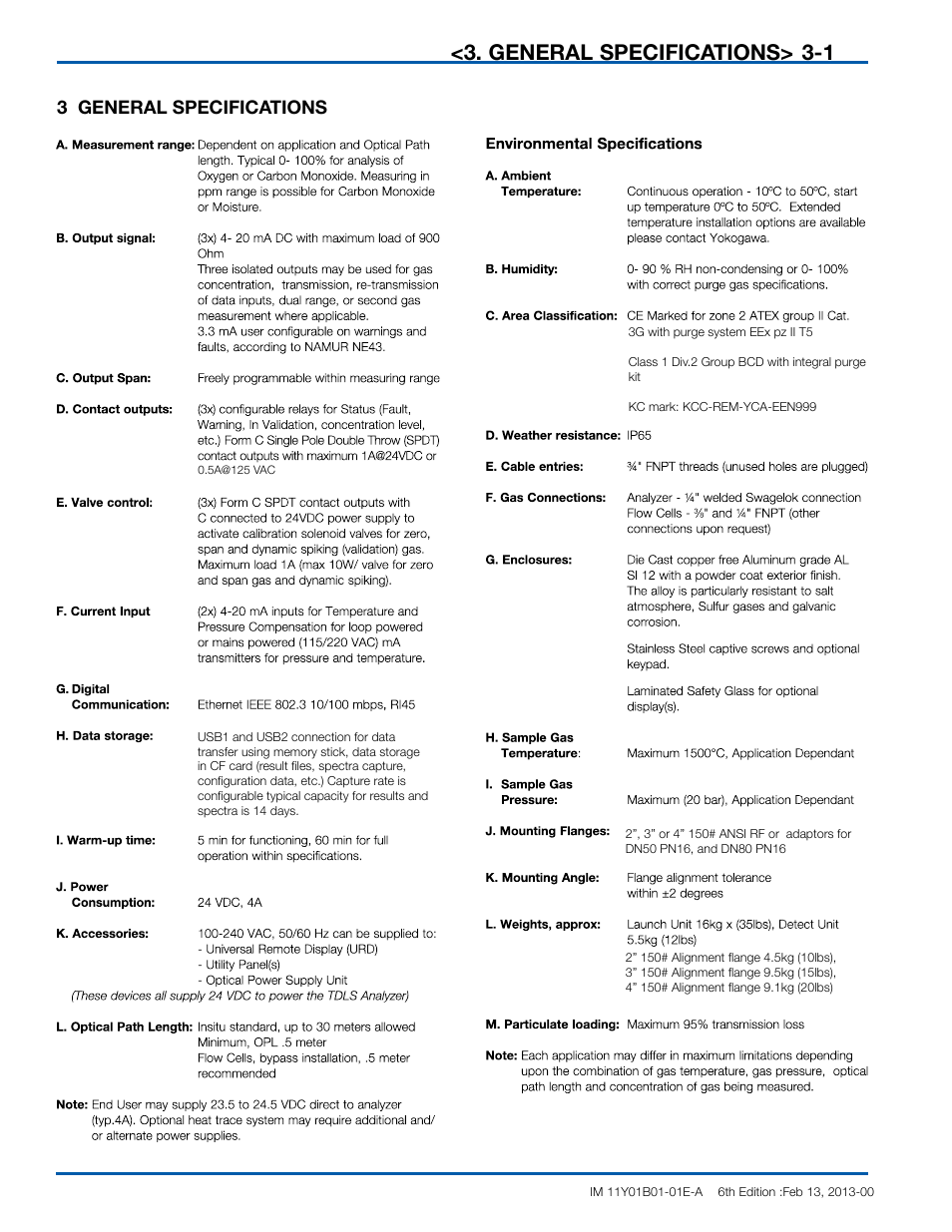 General specifications, 3 general specifications | Yokogawa In-Situ Gas Analyzer TDLS200 User Manual | Page 16 / 144