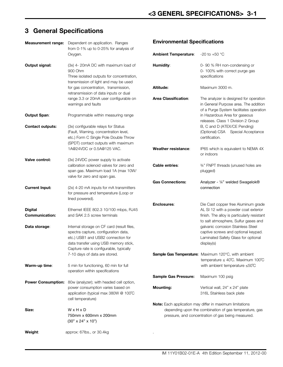 3 generl specifications> 3-1, 3 general specifications, Environmental specifications | Yokogawa Extractive Oxygen Gas Analyzer TDLS220 User Manual | Page 13 / 84