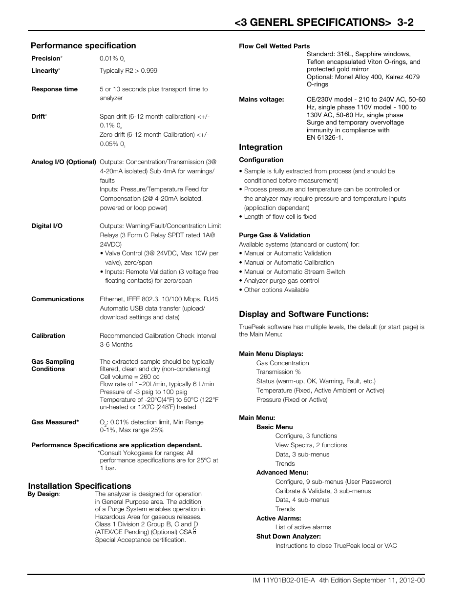 3 generl specifications> 3-2, Performance specification, Installation specifications | Integration, Display and software functions | Yokogawa Extractive Oxygen Gas Analyzer TDLS220 User Manual | Page 14 / 84