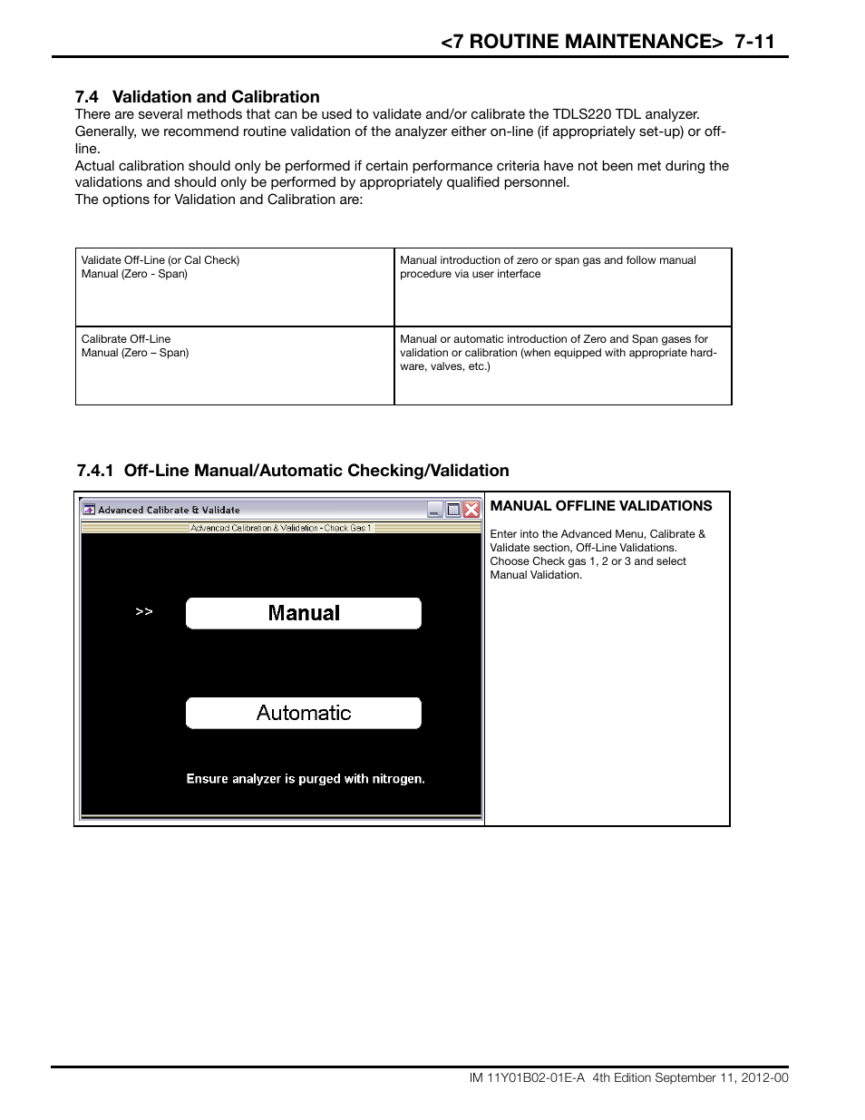 7 routine maintenance> 7-11, 4 validation and calibration, 1 off-line manual/automatic checking/validation | Yokogawa Extractive Oxygen Gas Analyzer TDLS220 User Manual | Page 64 / 84