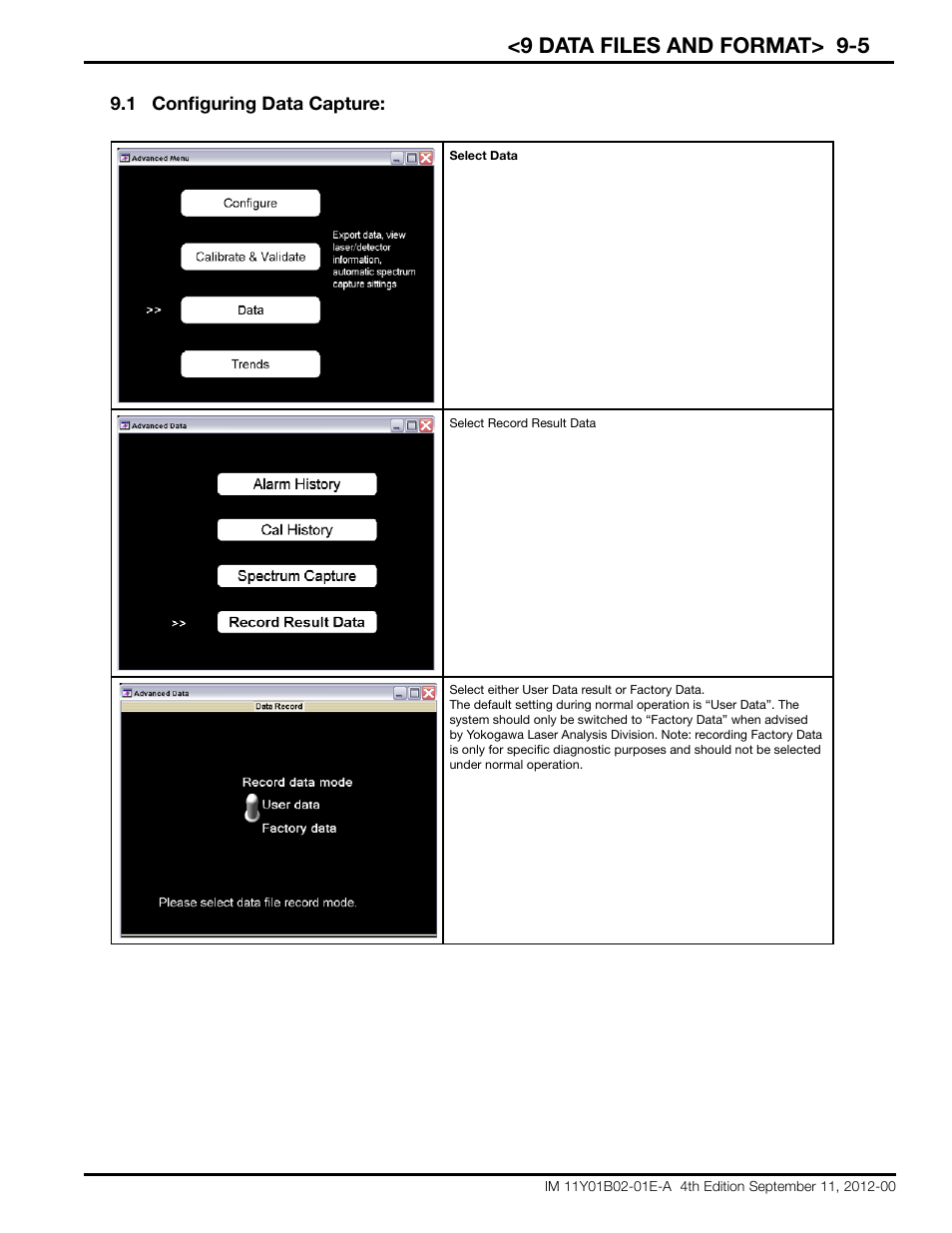 9 data files and format> 9-5, 1 configuring data capture | Yokogawa Extractive Oxygen Gas Analyzer TDLS220 User Manual | Page 77 / 84