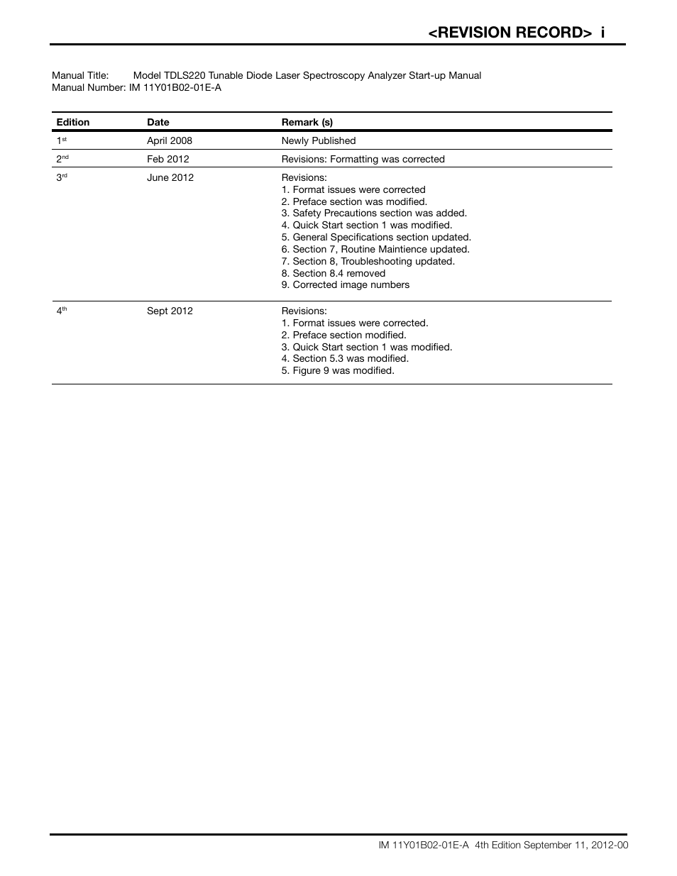 Revision record> i | Yokogawa Extractive Oxygen Gas Analyzer TDLS220 User Manual | Page 81 / 84