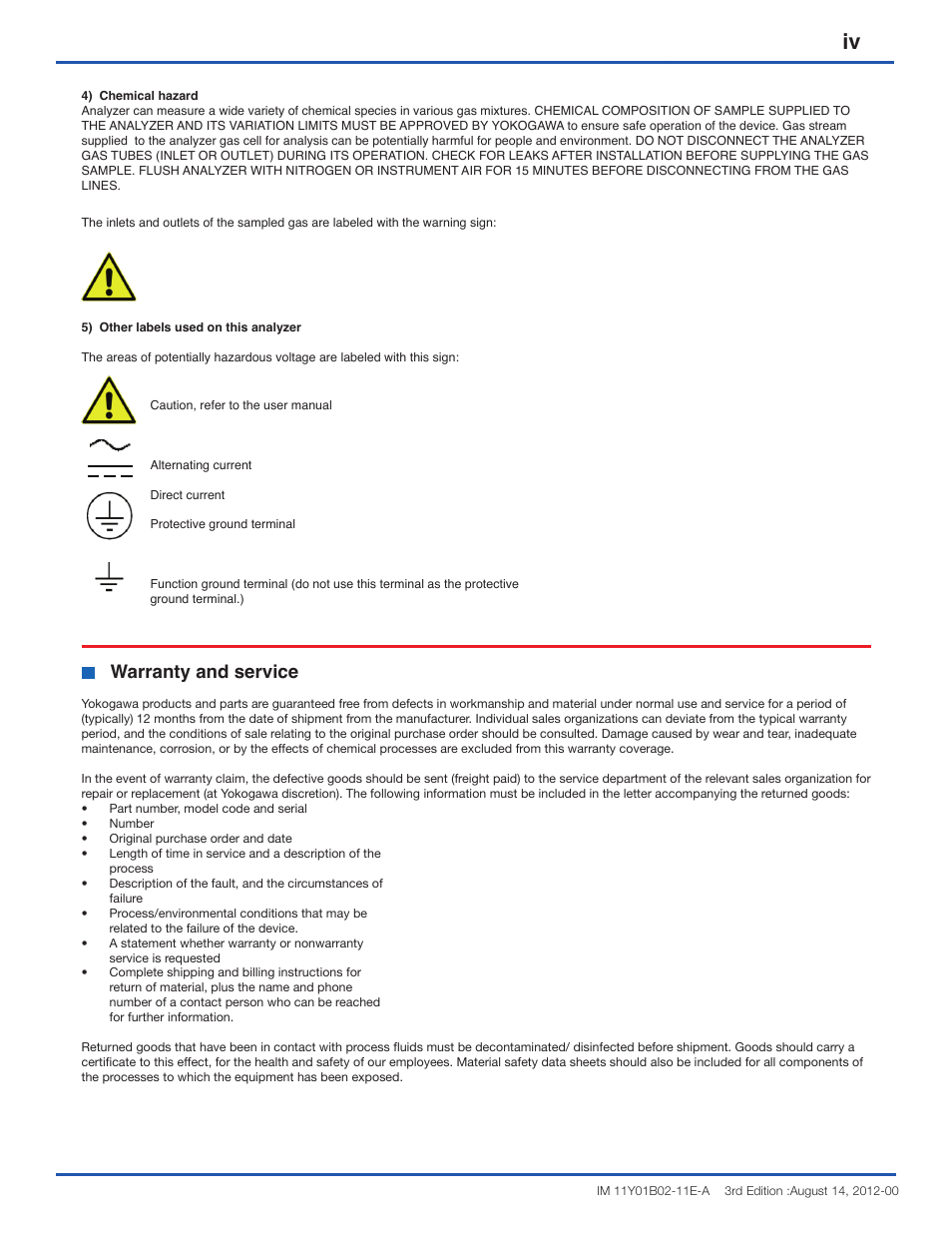 5 <1 quick start> iii iv, Warranty and service | Yokogawa Extractive Oxygen Gas Analyzer TDLS220 User Manual | Page 5 / 20
