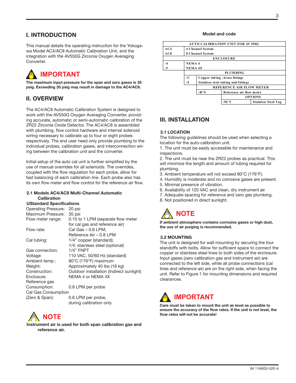 Important, I. introduction, Ii. overview | Iii. installation | Yokogawa AC8 Calibration Units User Manual | Page 3 / 20