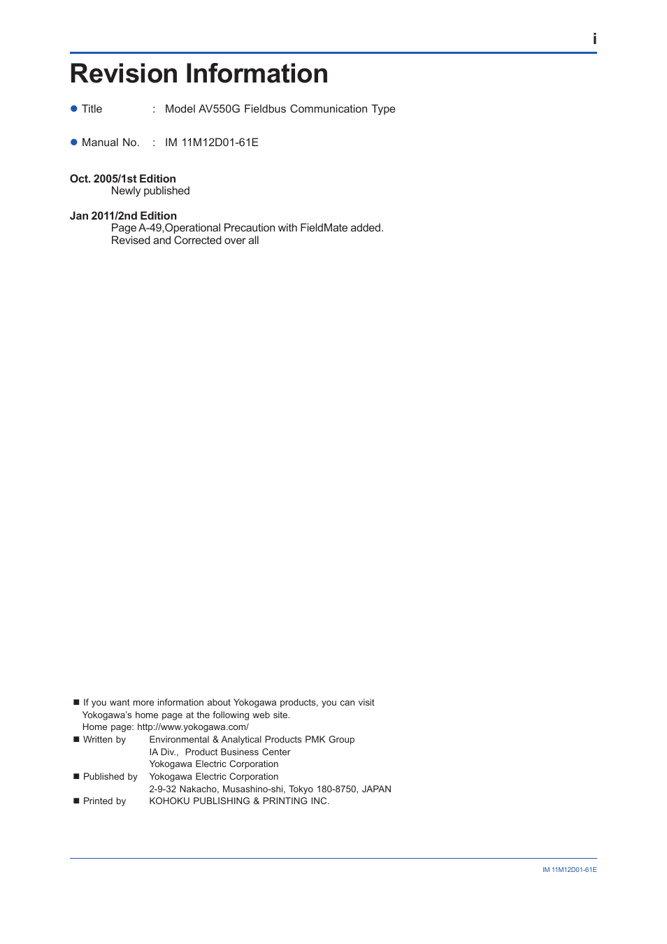 Revision information | Yokogawa Multi Channel Oxygen Analyzer System ZR22/AV550G User Manual | Page 102 / 103