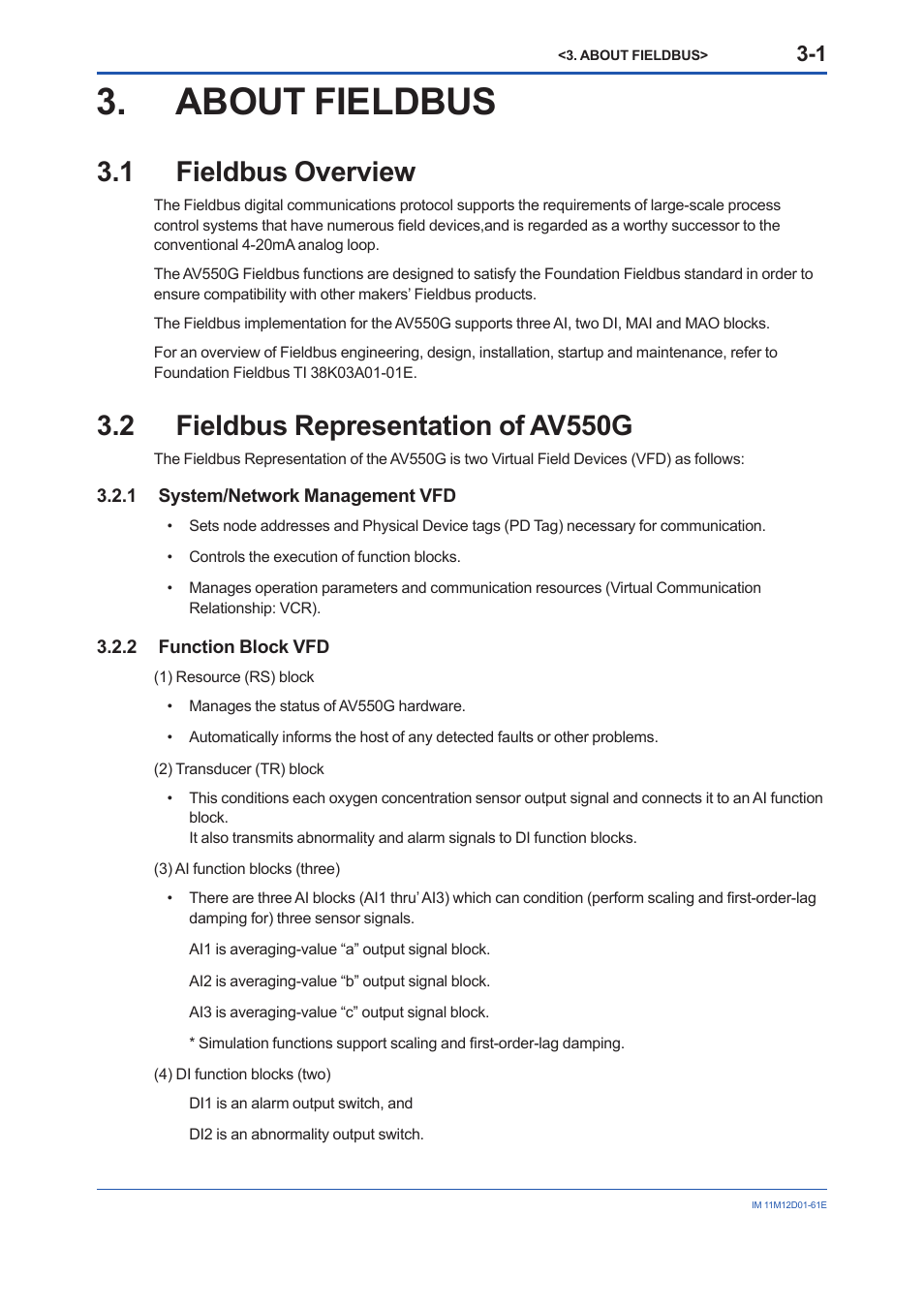 About fieldbus, 1 fieldbus overview, 2 fieldbus representation of av550g | About fieldbus -1, Fieldbus overview -1, Fieldbus representation of av550g -1 3.2.1, System/network management vfd -1, Function block vfd -1 | Yokogawa Multi Channel Oxygen Analyzer System ZR22/AV550G User Manual | Page 12 / 103