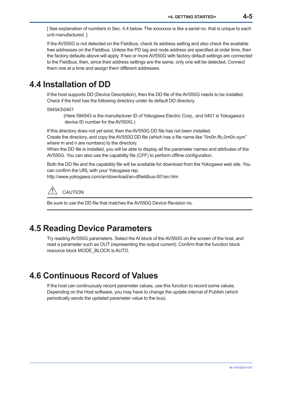 4 installation of dd, 5 reading device parameters, 6 continuous record of values | Installation of dd -5, Reading device parameters -5, Continuous record of values -5 | Yokogawa Multi Channel Oxygen Analyzer System ZR22/AV550G User Manual | Page 18 / 103