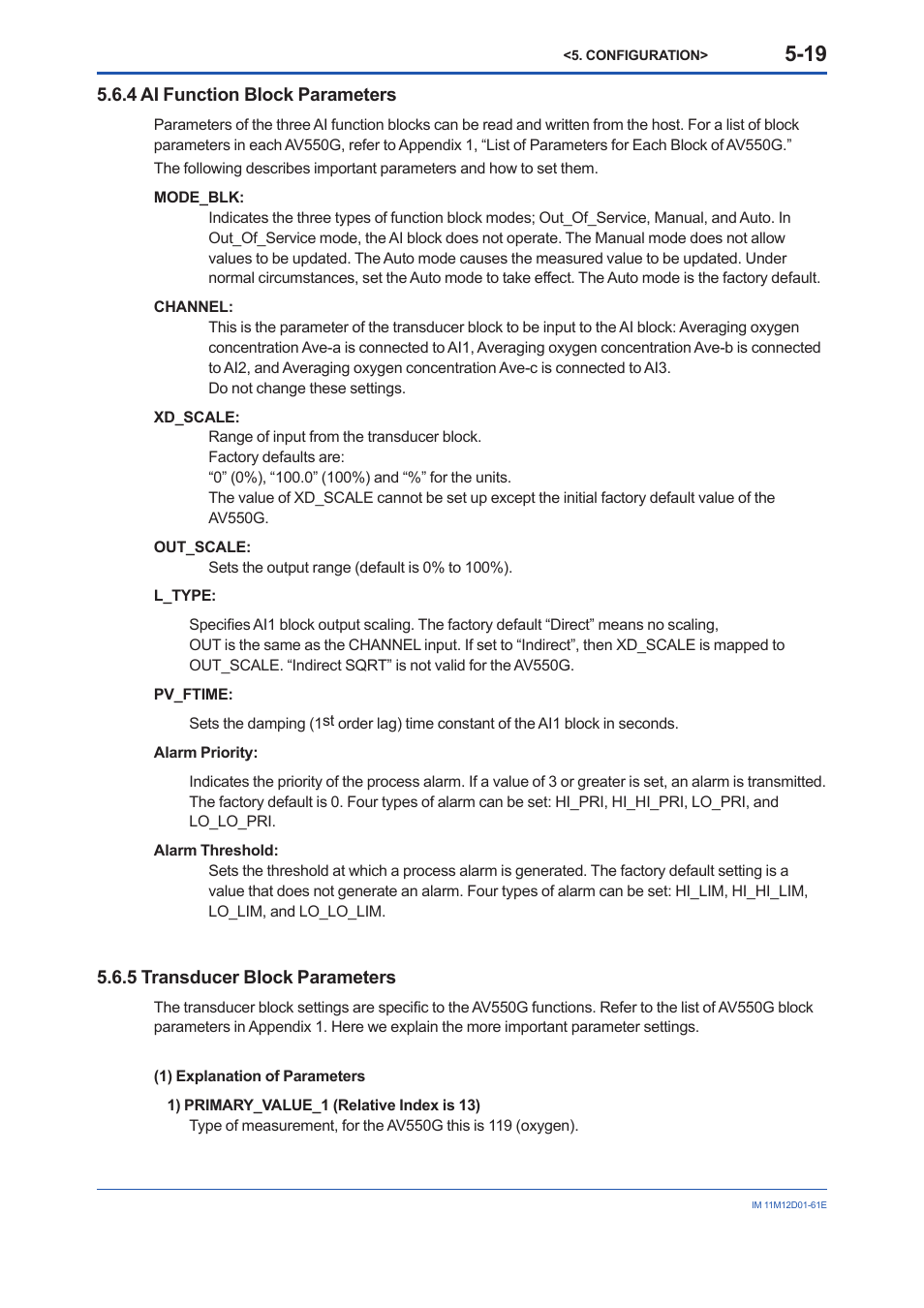 Ai function block parameters -19, Transducer block parameters -19 | Yokogawa Multi Channel Oxygen Analyzer System ZR22/AV550G User Manual | Page 38 / 103