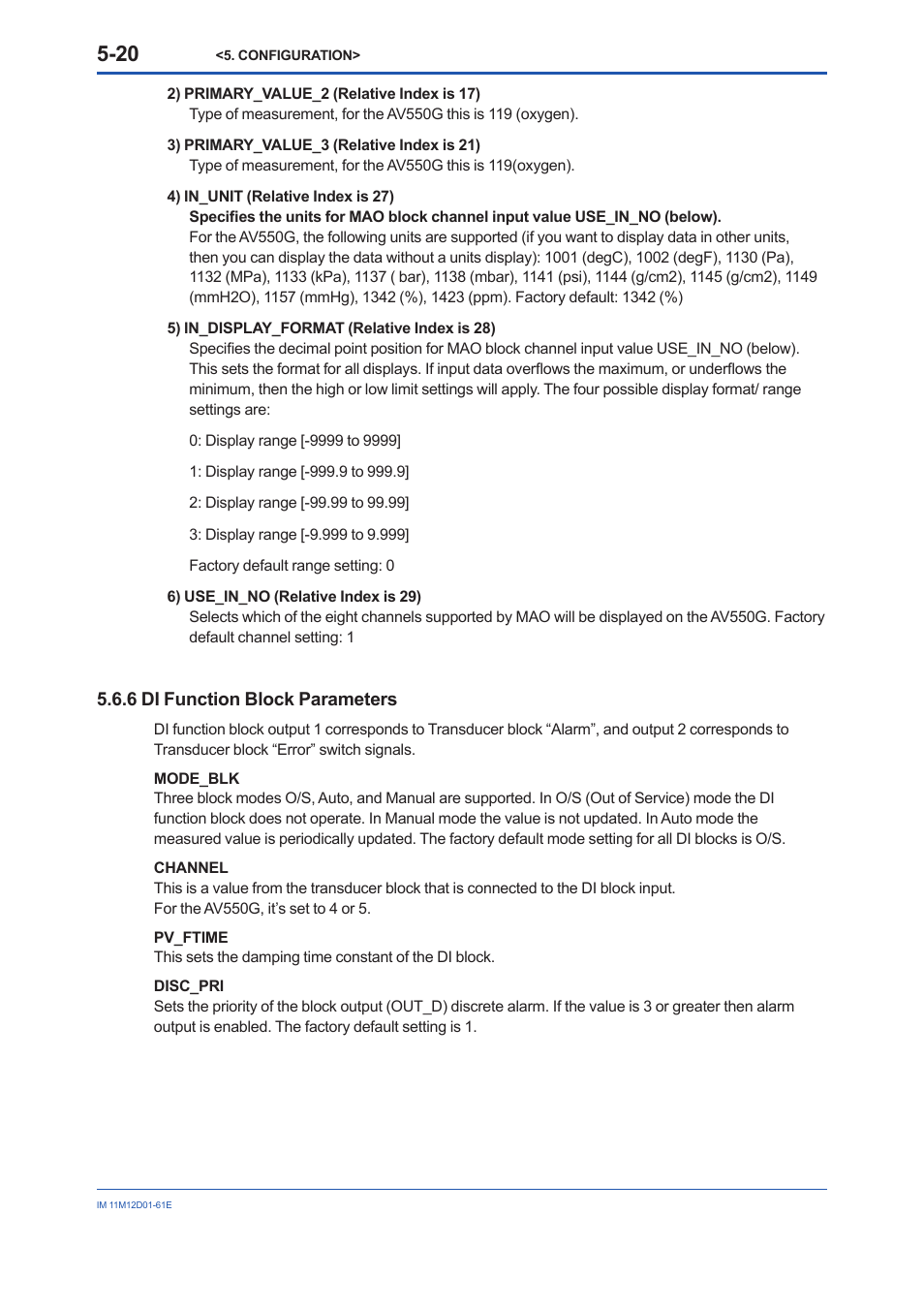 Di function block parameters -20, Mai function block parameters -21 | Yokogawa Multi Channel Oxygen Analyzer System ZR22/AV550G User Manual | Page 39 / 103